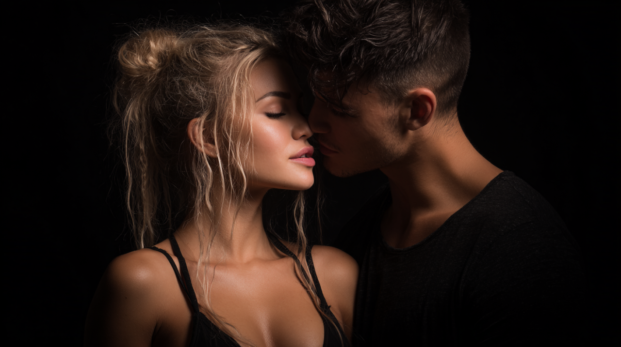 Couple très proche dans une ambiance sombre et intime, capturant un moment de séduction avant un baiser.