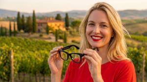 Une femme tenant une lunettes connectées Meta RayBan