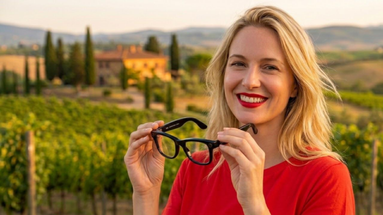 Une femme tenant une lunettes connectées Meta RayBan