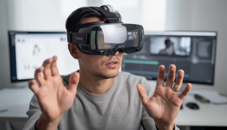 découvrez le nouveau prototype d'appareil mr portable de canon, accompagné d'un guide d'ondes en verre innovant et d'un logiciel de collaboration avancé pour une expérience immersive et interactive révolutionnaire.