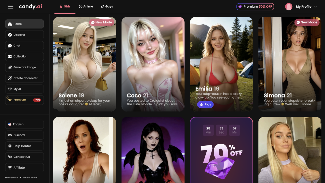 Candy AI interface displaying a selection of AI companion characters with profile cards, chat options, image generation tools, and customization features.