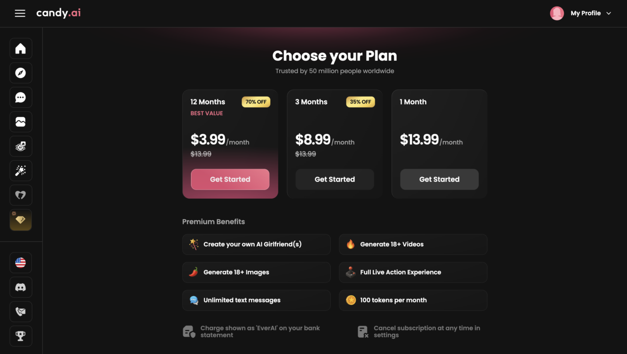 Candy AI pricing interface with subscription tiers, premium membership benefits, token allocations, and unlimited messaging features.