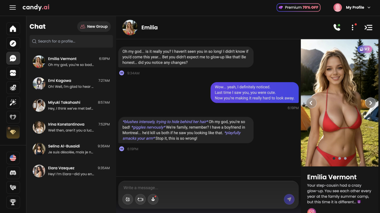 Candy AI chat interface with an AI girlfriend, displaying roleplay conversations, messaging tools, voice features, and character information.
