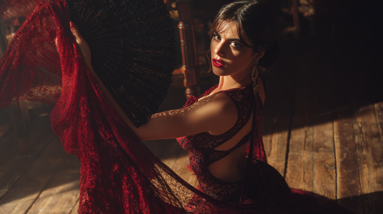 Photorealistic AI-generated female character wearing an elegant red lace dress, holding an ornate fan while looking toward the camera in a dimly lit room