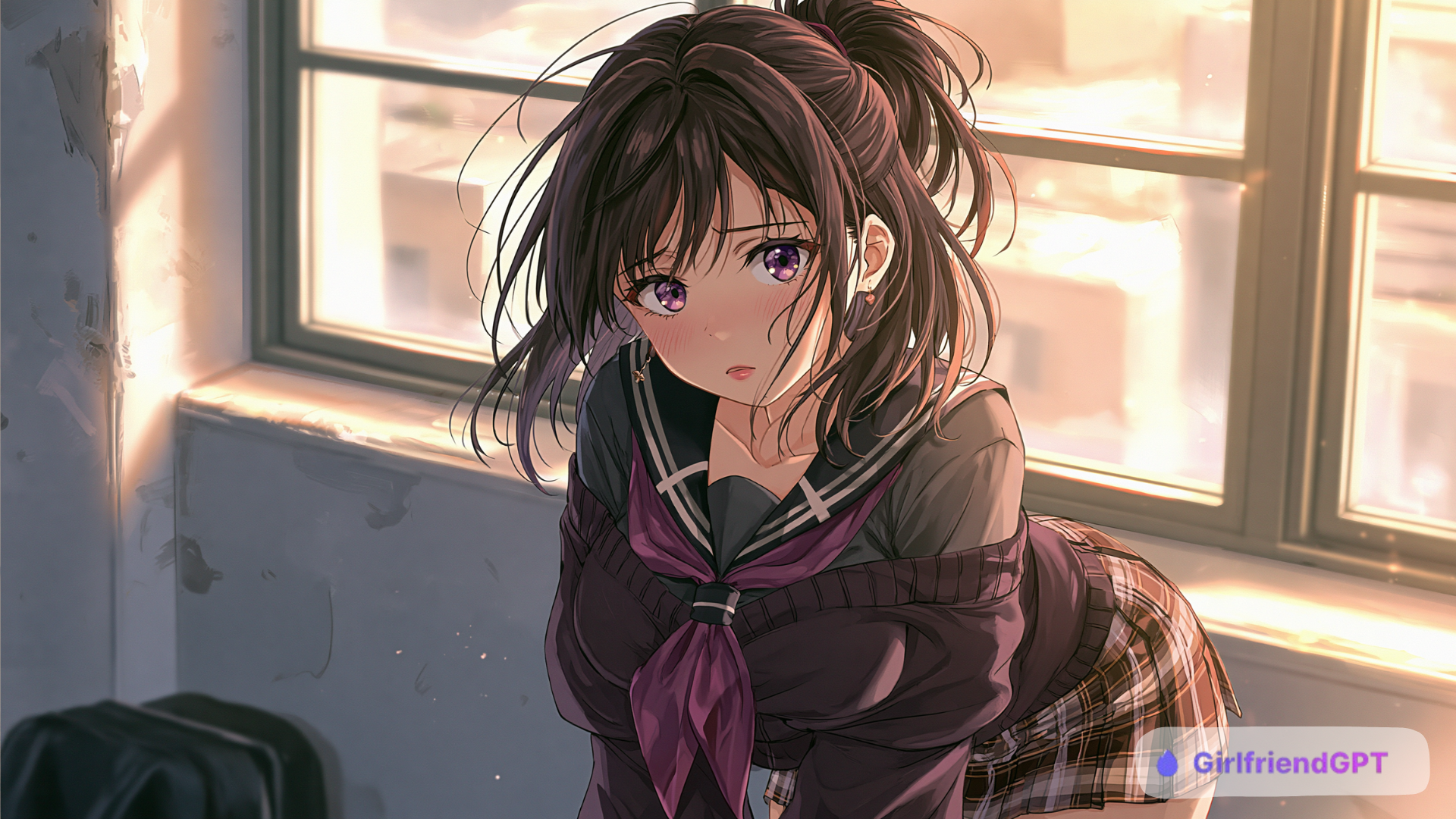 Hentai IA aux cheveux noirs attachés, aux yeux violets et portant une tenue scolaire avec une jupe à carreaux.