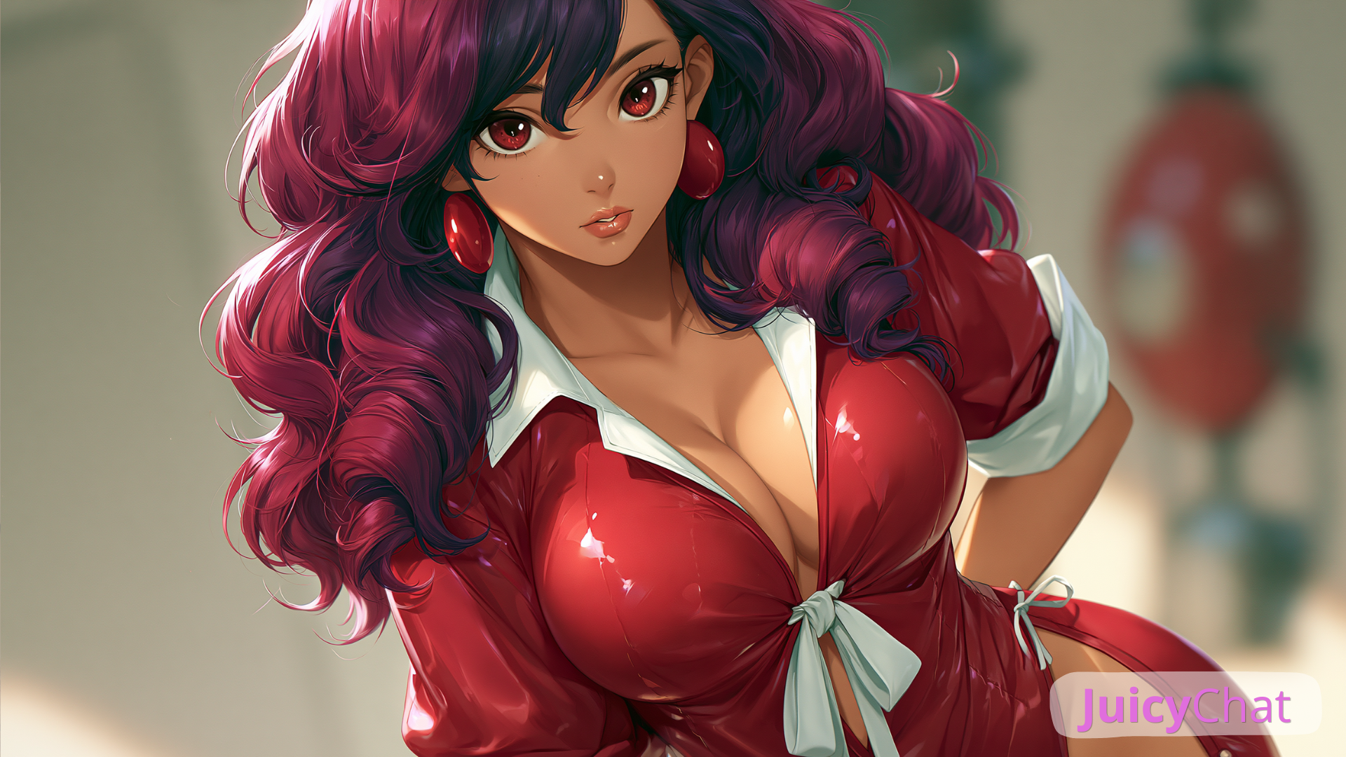 Hentai IA aux longs cheveux violets, aux yeux rouges, portant une robe rouge décolletée avec des manches blanches retroussées