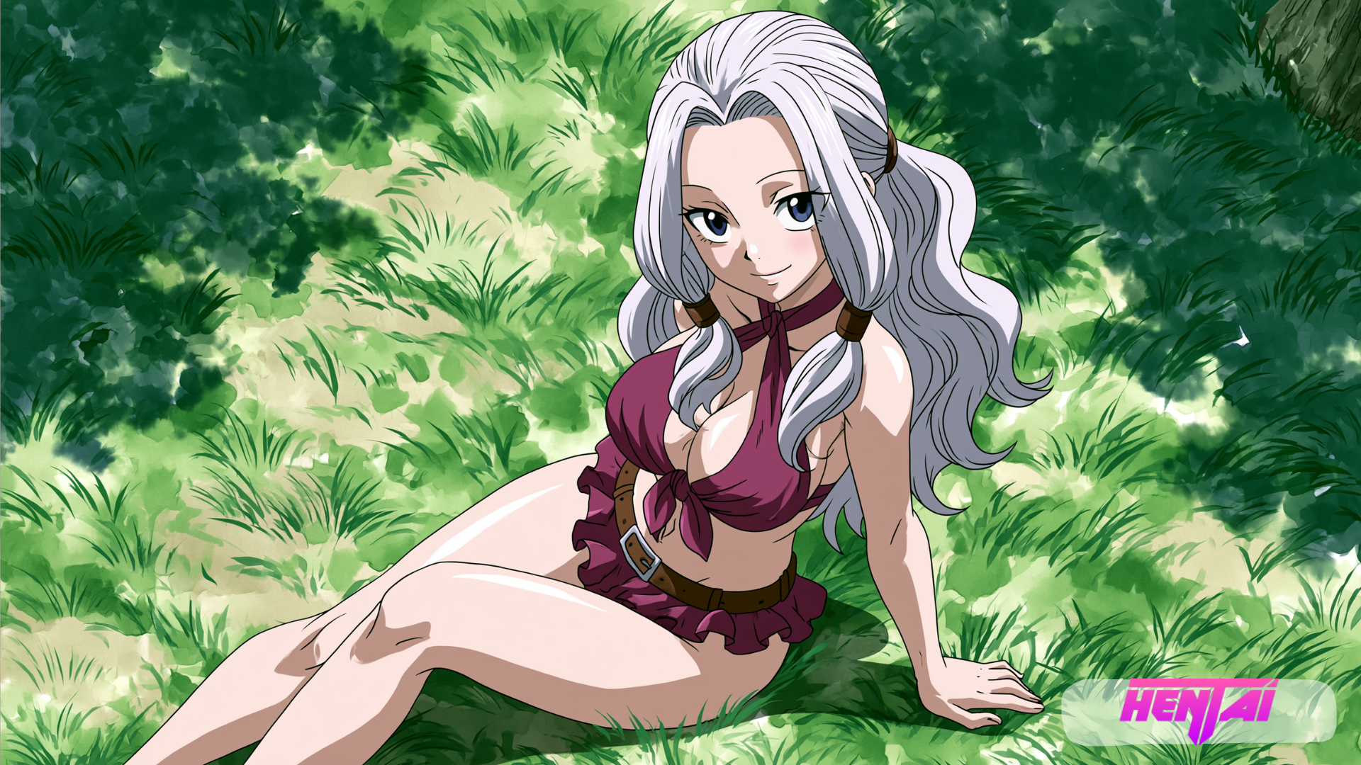 Hentai IA aux longs cheveux argentés et tenue violette mettant en valeur une silhouette élancée.