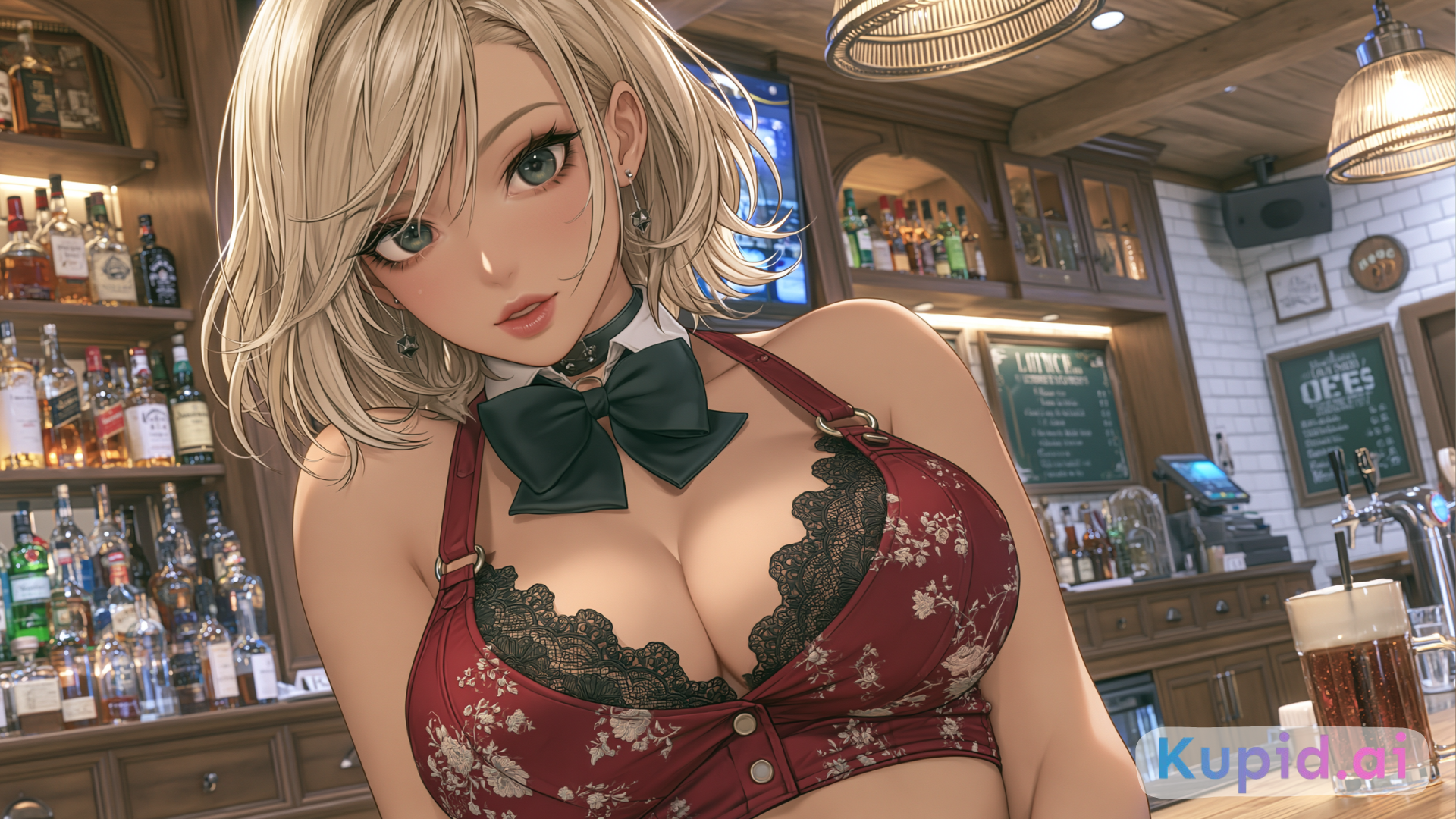 une jeune femme anime blonde aux yeux verts, portant un haut rouge à motifs floraux avec un nœud noir autour du cou.