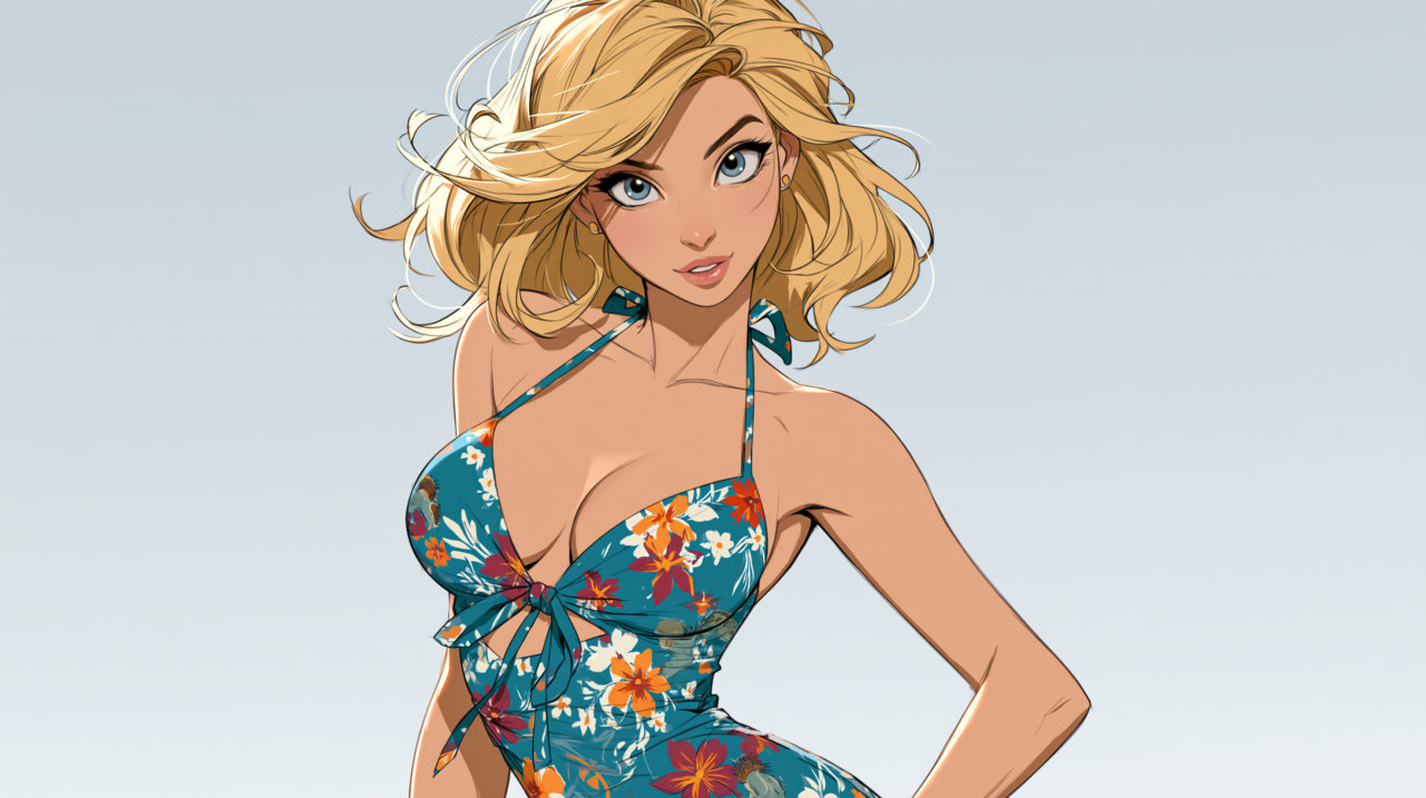 Waifu hentai IA aux cheveux blonds et aux yeux bleus, habillée d'une robe bleue à fleurs.
