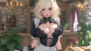 blonde en tenue de maid noire et blanche dans une taverne au style médiéval.