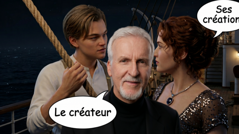 James Cameron avec en arrière-plan son chef d'œuvre : Titanic