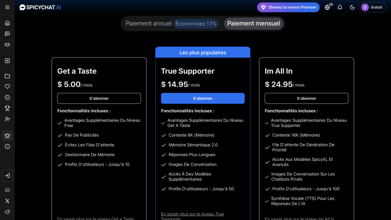 Comparaison des offres Premium de SpicyChat avec les abonnements Get a Taste, True Supporter et Im All In.