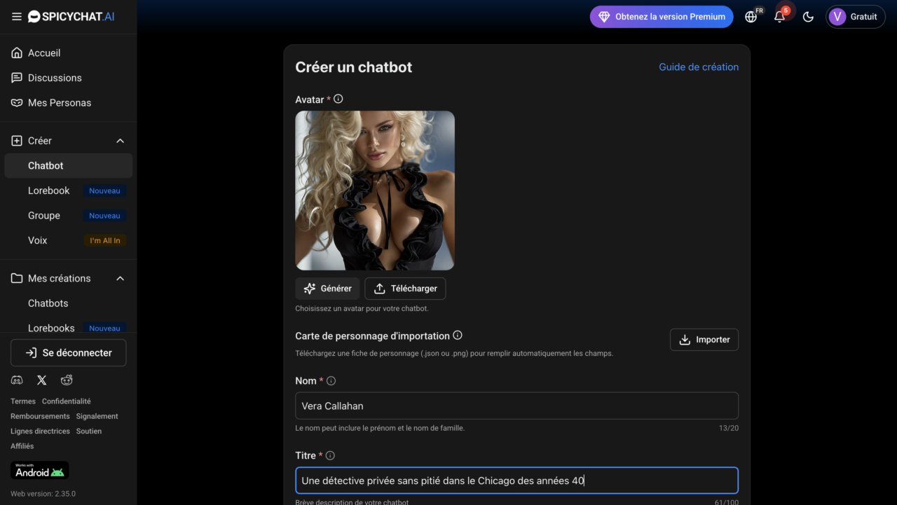 Page d'accueil de SpicyChat avec filtres de personnages IA, catégories et chatbots populaires.