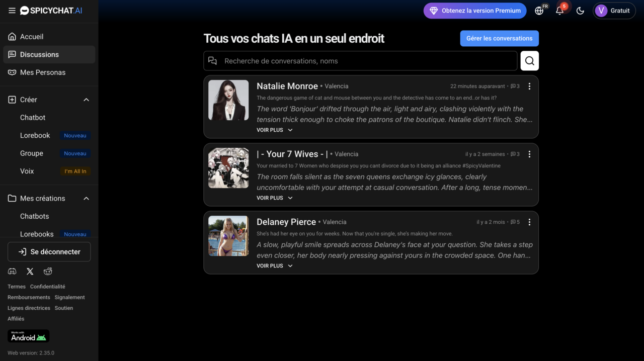 Capture d'écran de la messagerie SpicyChat montrant les conversations actives avec des chatbots IA.