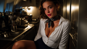 AI girlfriend brune en chemisier blanc regardant la caméra dans un intérieur tamisé pour des vidéos sexy IA