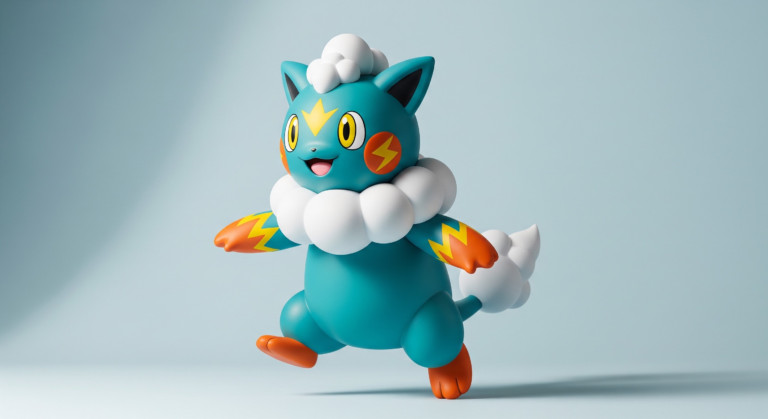Une figurine 3D d'une créature turquoise joyeuse avec une collerette de nuage, des marques d'éclair et des mains enflammées, en train de courir.