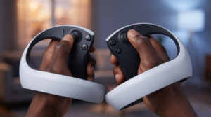 Deux mains qui tiennent les manettes d'un casque VR