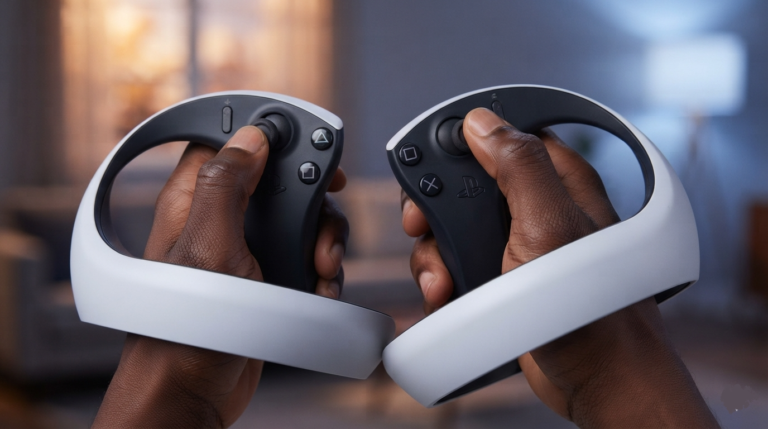 Deux mains qui tiennent les manettes d'un casque VR