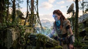 Une chasseuse aux cheveux roux examine une console technologique couverte de mousse, projetant un hologramme bleu dans une forêt luxuriante.