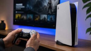 Mains tenant une manette PS5 DualSense devant une console PlayStation 5 verticale allumée et un grand téléviseur dans un salon.