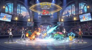Dans une arène parisienne quatre dresseurs et Pokémon s'affrontent sous le logo Pokémon Club Battle Club Z A