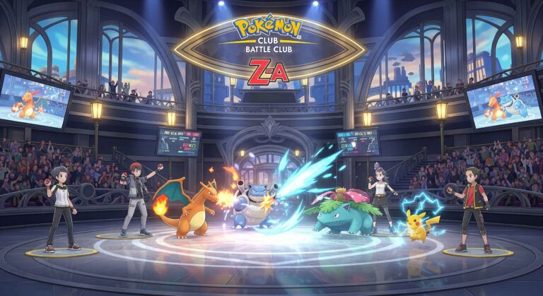Dans une arène parisienne quatre dresseurs et Pokémon s'affrontent sous le logo Pokémon Club Battle Club Z A