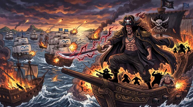 Illustration de style manga montrant le redoutable capitaine pirate Rocks D. Xebec menant son équipage lors d'une bataille navale contre la Marine.