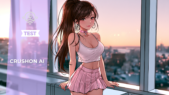 AI girlfriend aux cheveux noir, porte un body blanc et une jupe courte rose