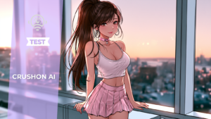 AI girlfriend aux cheveux noir, porte un body blanc et une jupe courte rose
