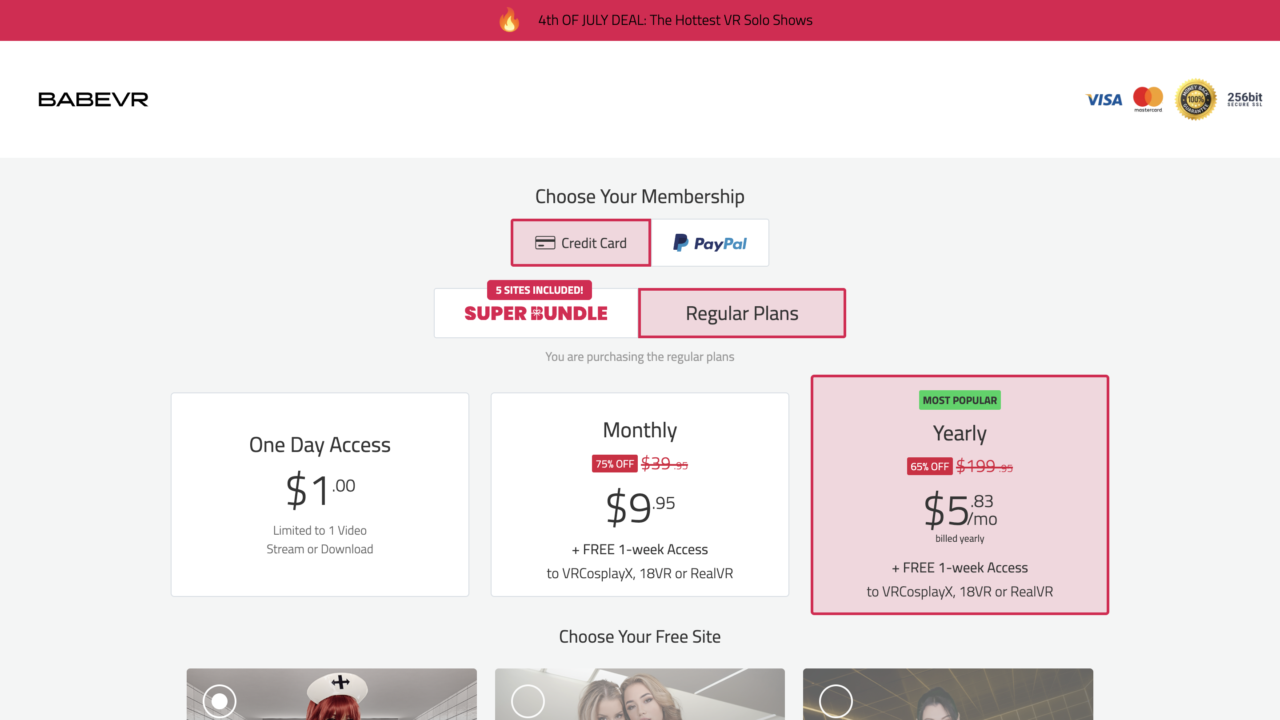 Page des abonnements BabeVR présentant les formules, les tarifs et les sites inclus.