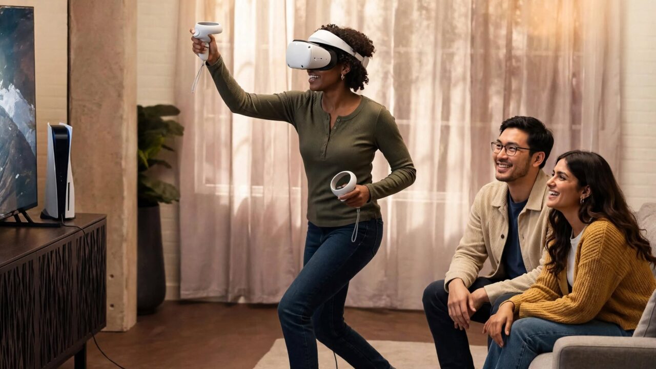 jeune femme qui porte un casque VR PS5 et deux amis assis sur un canapé