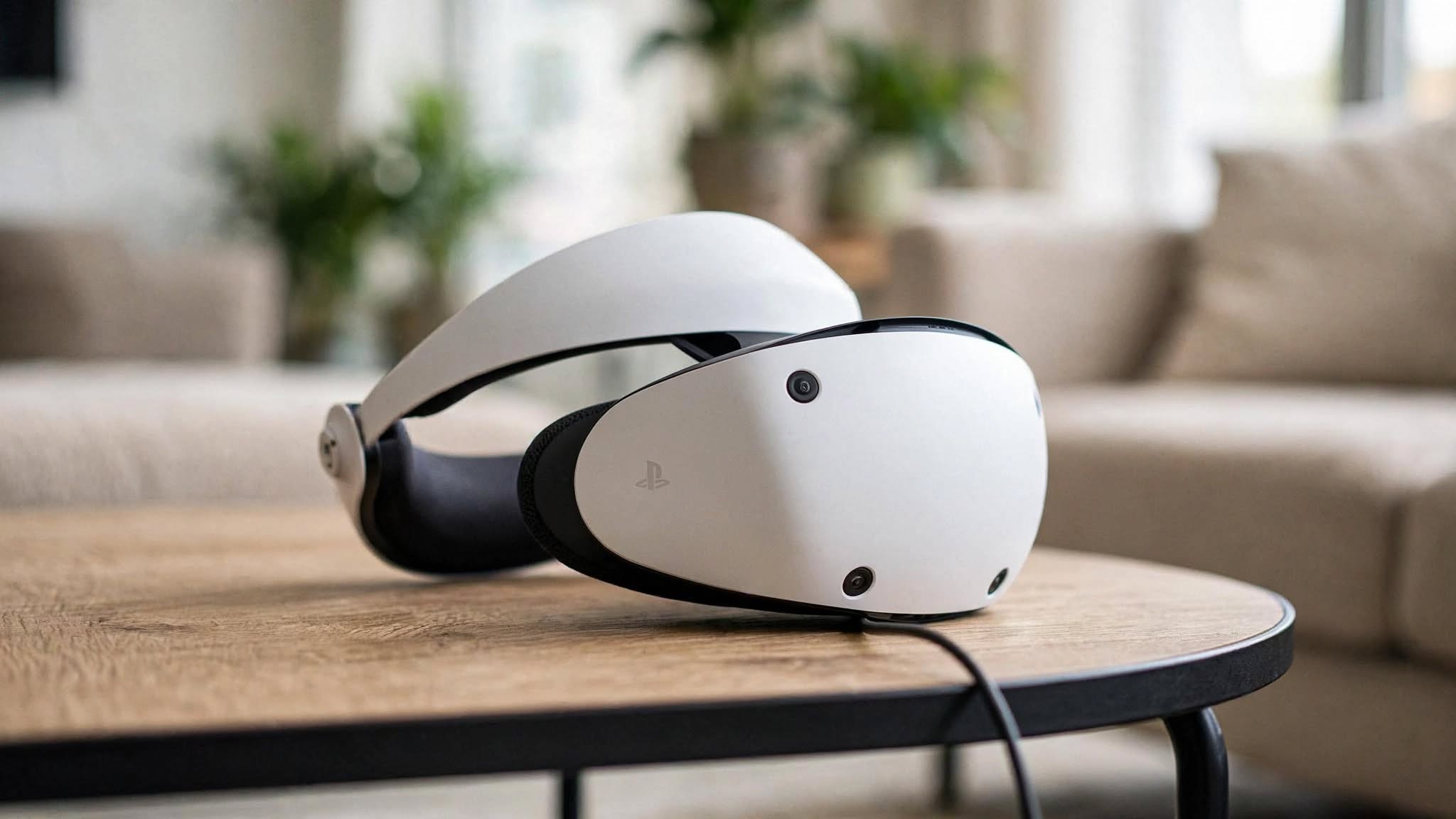 casque PS VR pour PS5 posé sur une table en bois