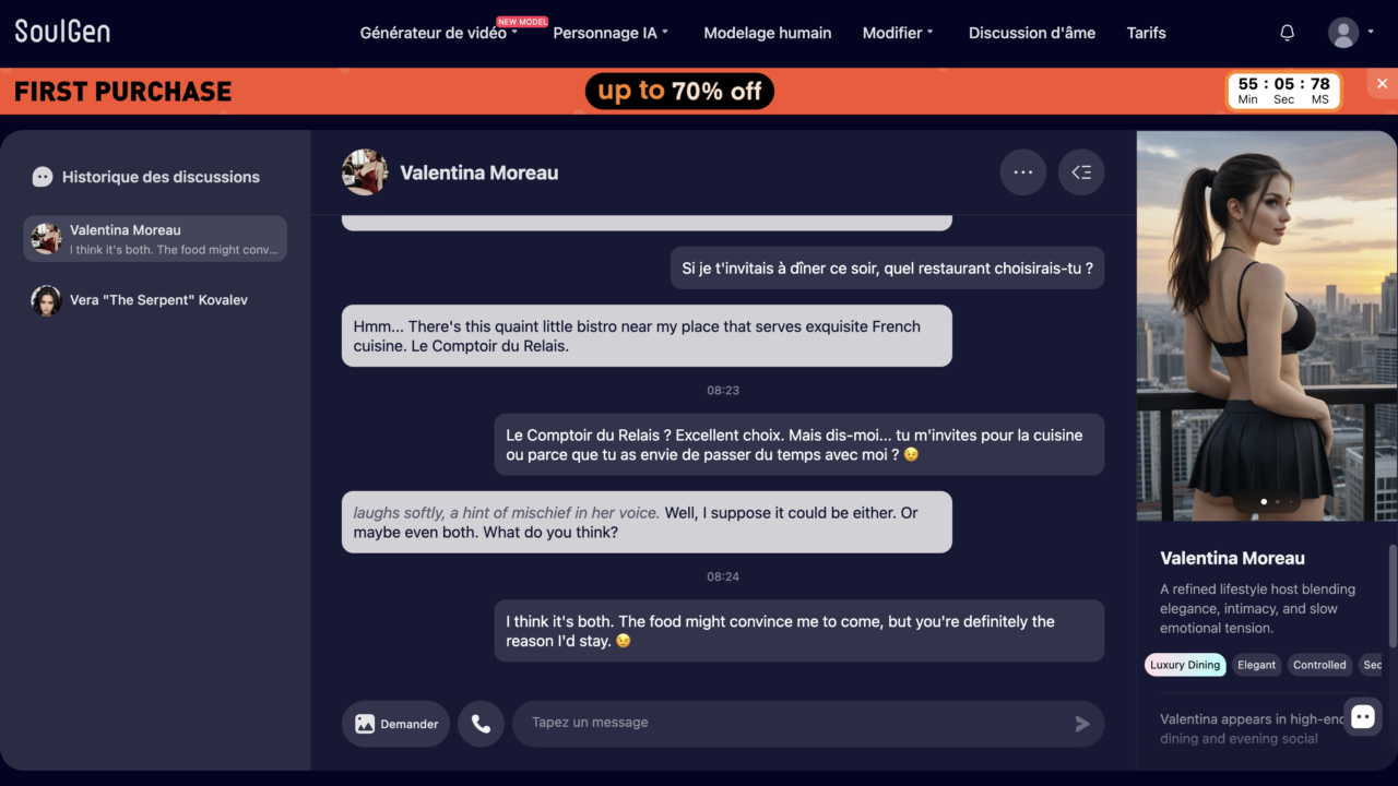 Conversation avec une AI Girlfriend sur SoulGen lors de mon test de la mémoire et des réponses