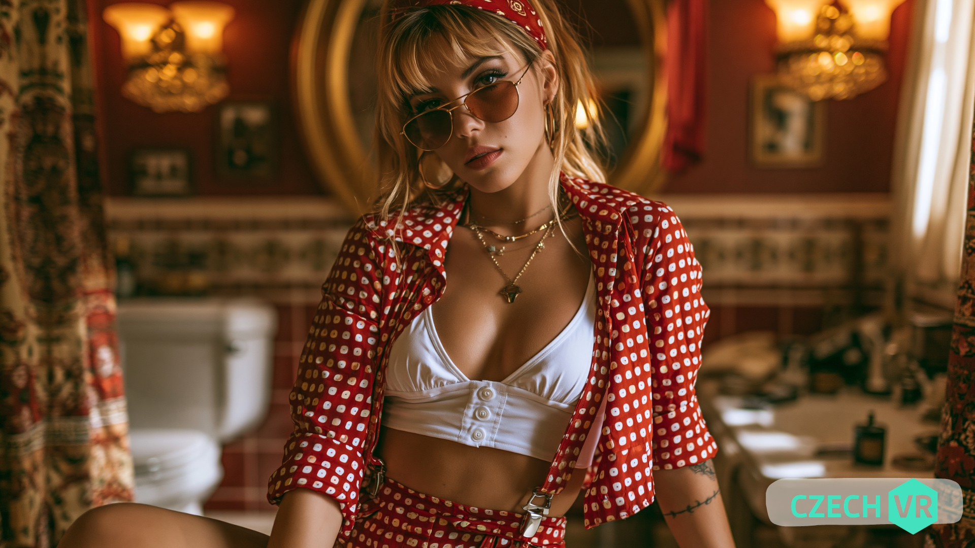 Jeune femme blonde portant des lunettes de soleil, un ensemble rouge à pois et un haut blanc, posant dans une salle de bains au style vintage avec un regard assuré