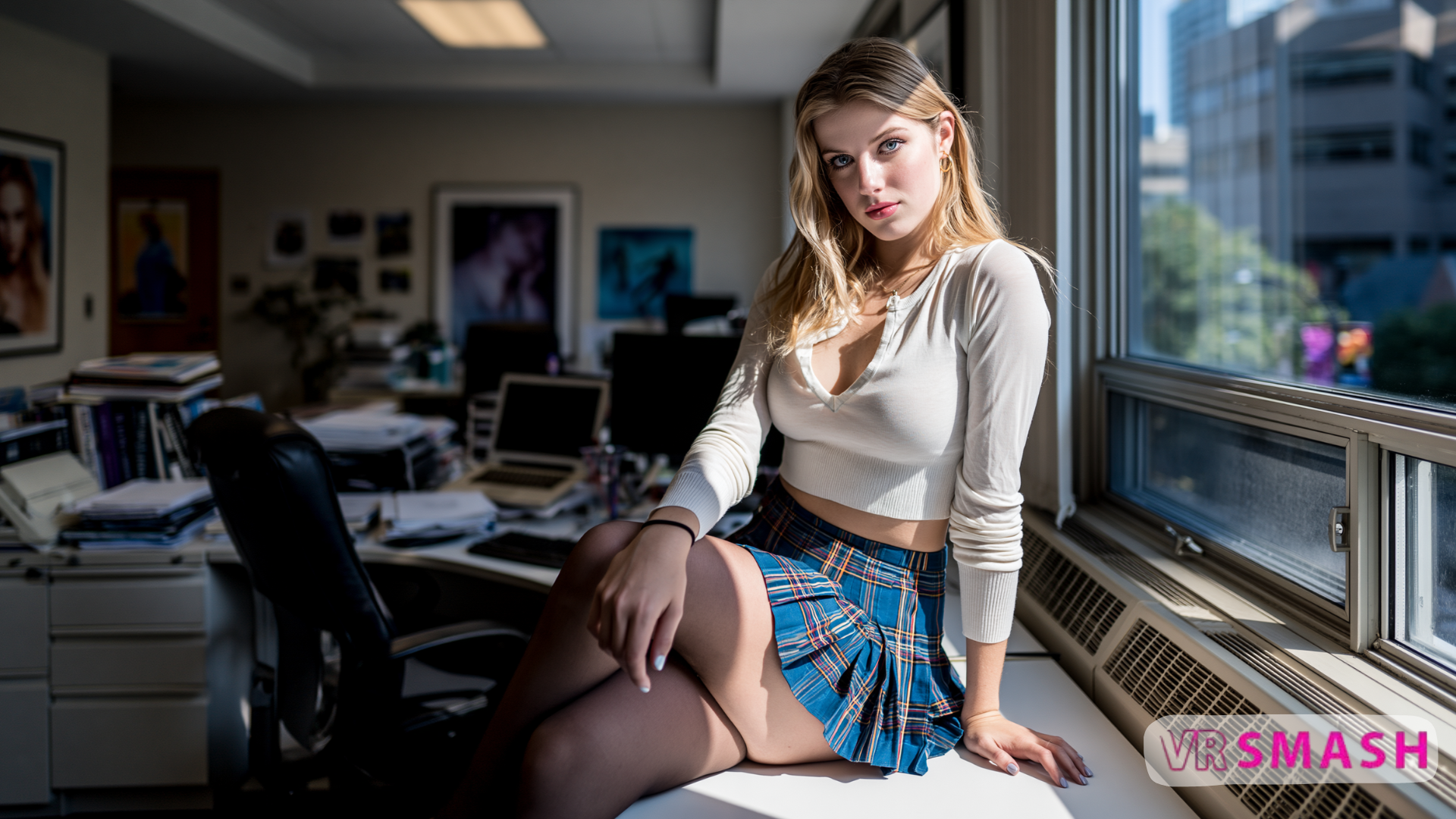 Jeune femme blonde aux cheveux longs, portant un haut blanc, une jupe à carreaux bleue et des collants noirs, assise sur un bureau devant une grande fenêtre dans un environnement de bureau moderne.