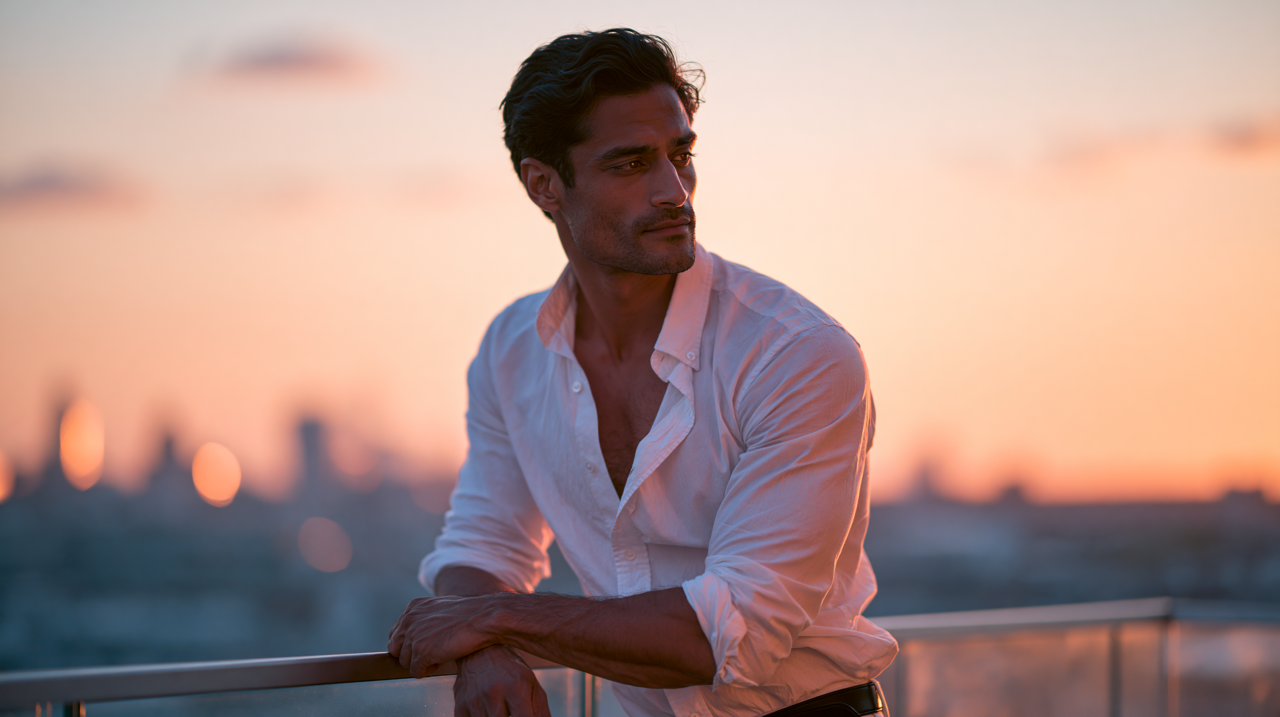 Homme en chemise blanche appuyé contre la rambarde d'un balcon au coucher du soleil, avec une ville floue en arrière-plan.