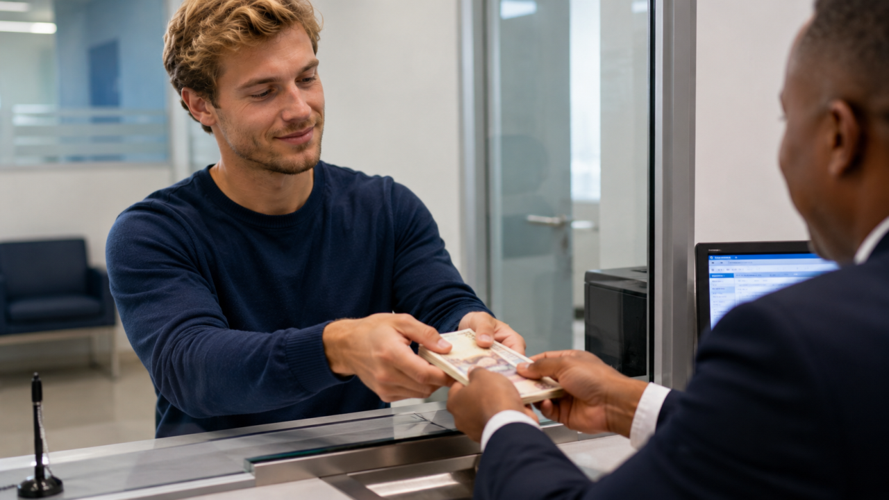 Acteur porno recevant son salaire après un tournage dans un bureau professionnel