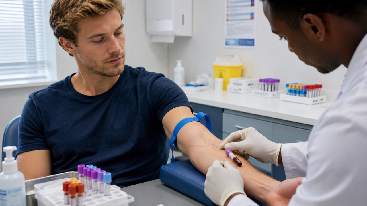 Professionnel de santé réalisant une prise de sang sur un homme dans un cabinet médical pour effectuer un test de dépistage.