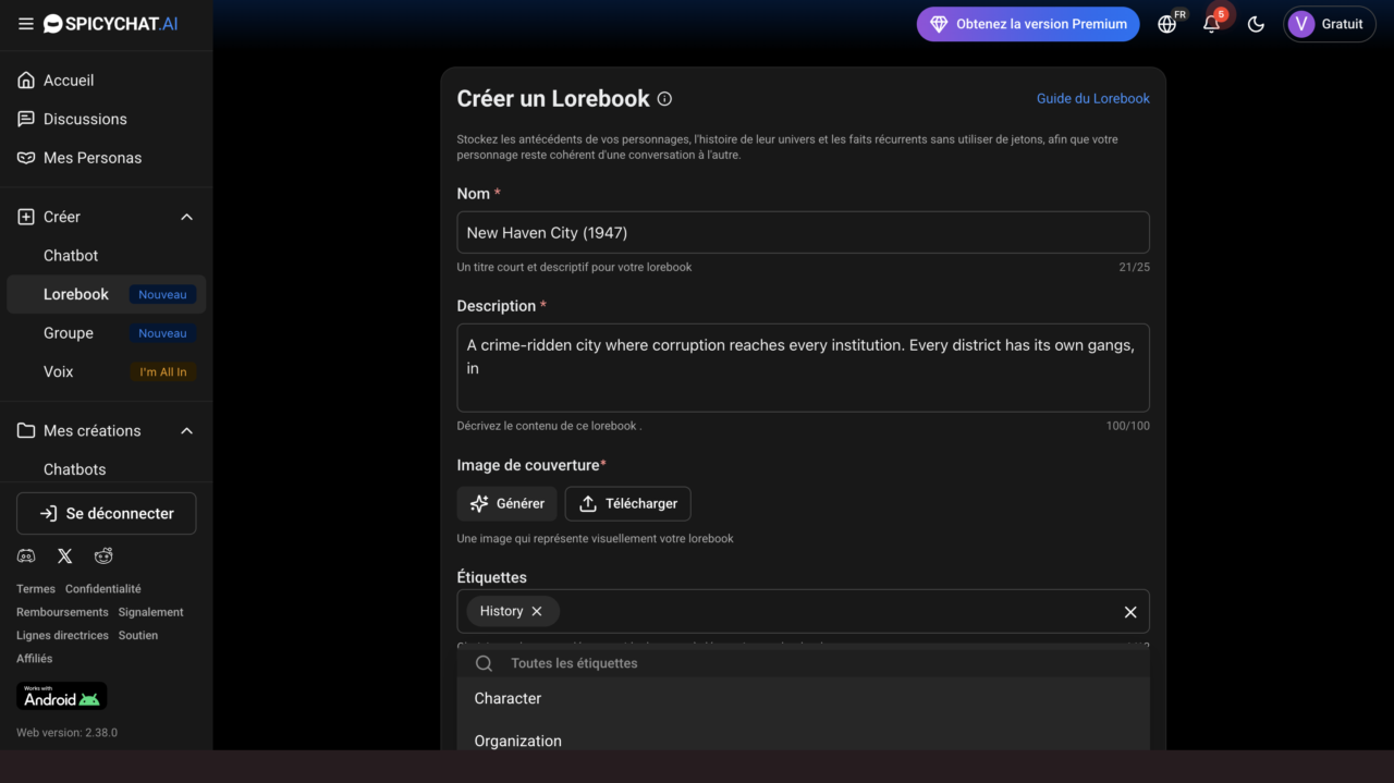 SpicyChat Lorebook creation page showing a custom world named "New Haven City (1947)" with fields for description, cover image, and tags to build persistent AI roleplay scenarios.