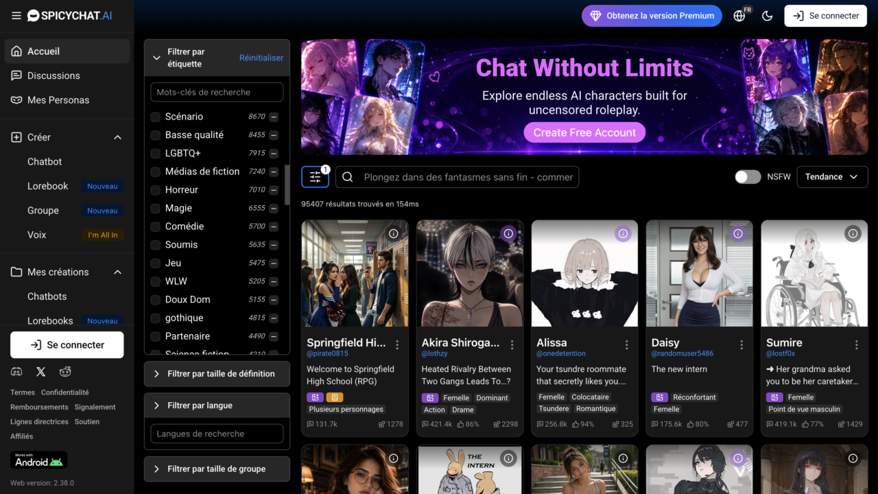 SpicyChat AI character library displaying searchable roleplay bots, category filters, NSFW toggle, and trending community-created AI companions.