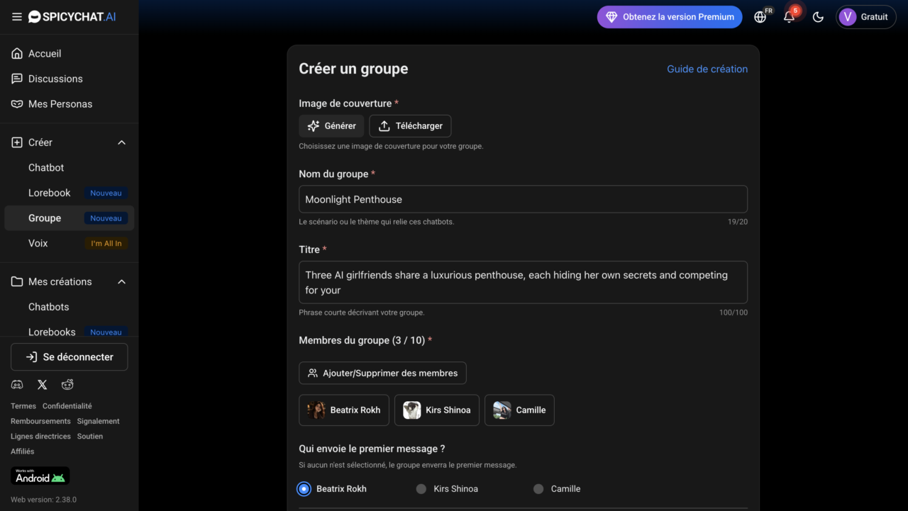 SpicyChat group creation page configuring a custom AI girlfriend group with three members, a shared scenario, cover image, and conversation settings for multi-character roleplay.
