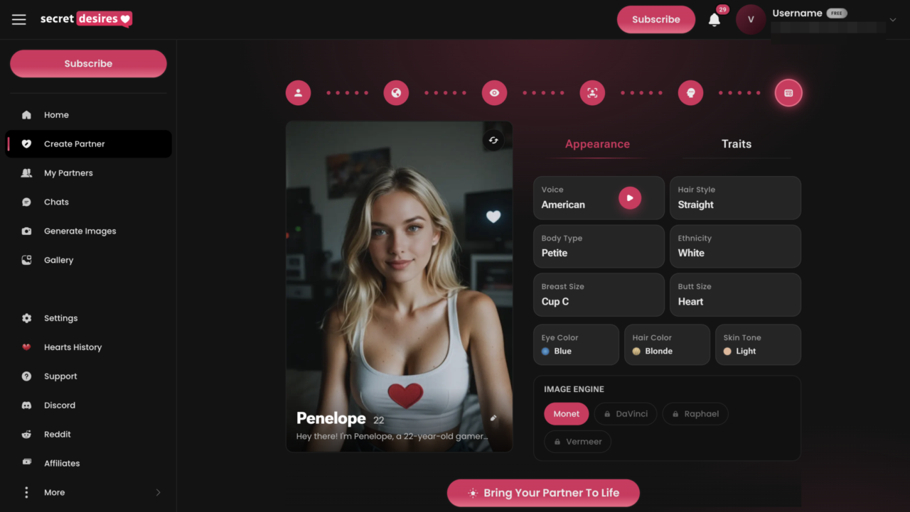 Création d'une AI girlfriend sur secretdesires.ai