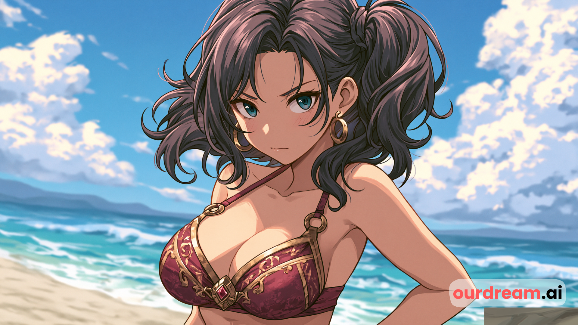 Jeune femme aux cheveux noirs attachés, aux yeux bleus et vêtue d'un bikini bordeaux sur une plage ensoleillée