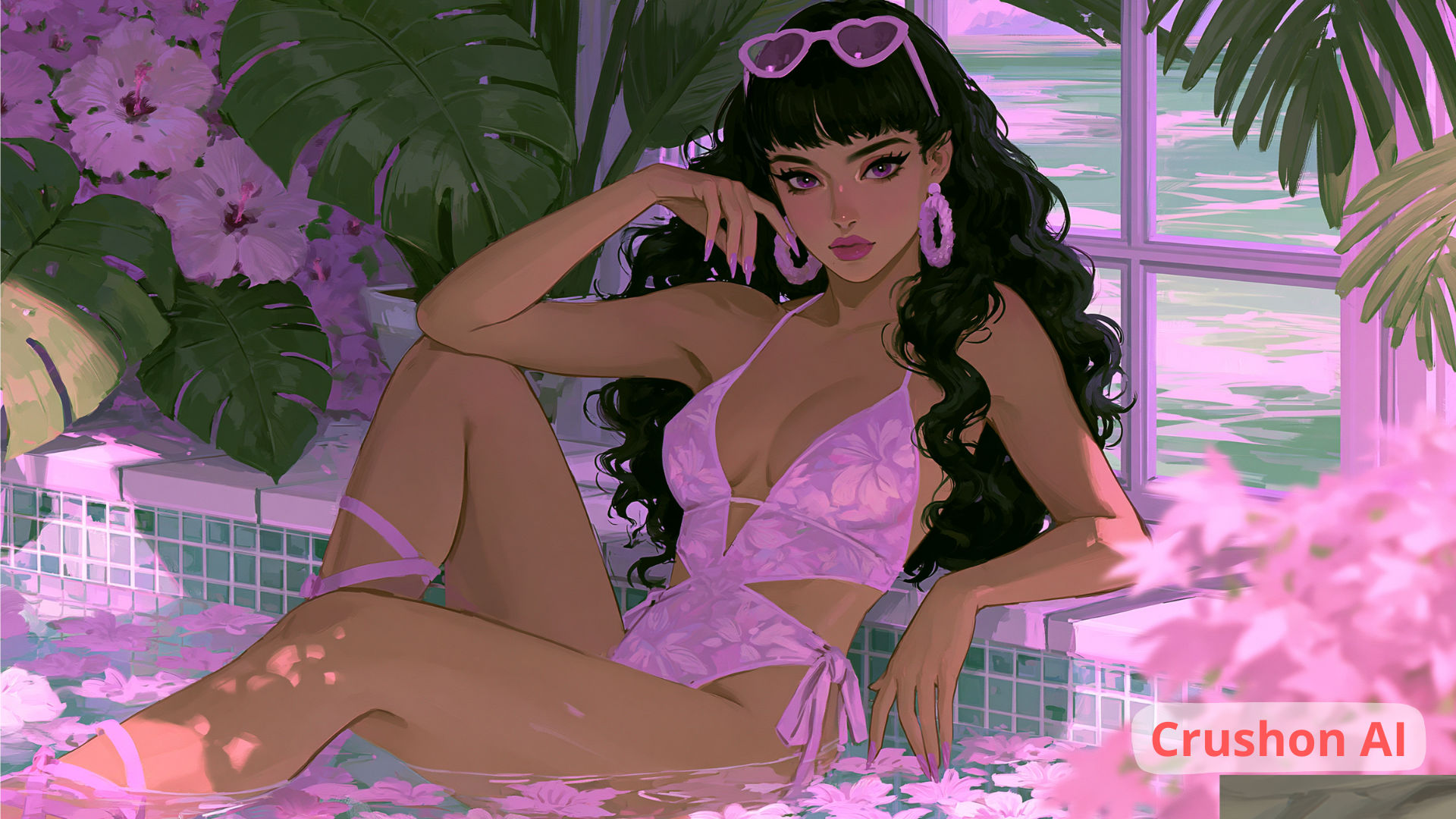 Jeune femme aux longs cheveux noirs bouclés portant un maillot de bain rose fleuri dans une piscine entourée de fleurs