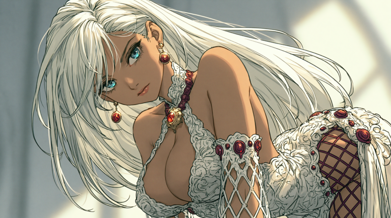 Personnage féminin de hentai chat aux cheveux blancs avec une tenue fantasy et des yeux bleus