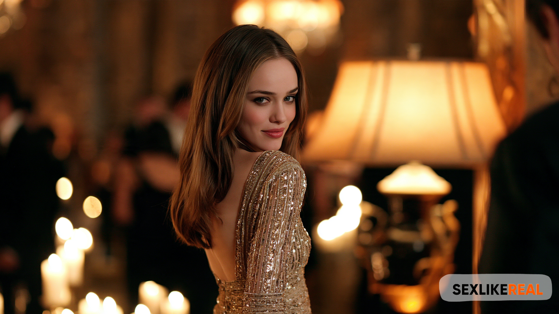 Une femme aux longs cheveux châtains porte une élégante robe dorée à paillettes avec un dos nu, tout en regardant par-dessus son épaule avec un léger sourire.