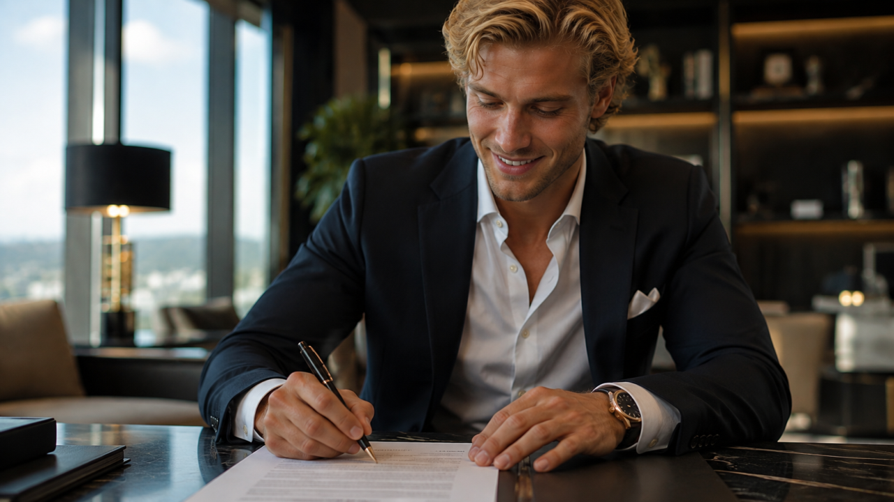 Un acteur porno souriant signe un contrat de tournage dans le bureau d'un studio.
