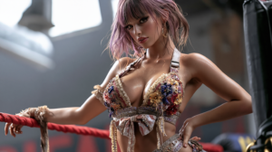 AI girlfriend de Secret Desires AI aux cheveux roses, portant une lingerie florale brodée et posant avec assurance dans un ring de boxe. Son regard intense, ses boucles d'oreilles dorées et sa tenue très détaillée mettent en valeur la qualité de génération d'images de la plateforme