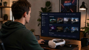 Un utilisateur de casque Meta Quest explore la plateforme SideQuest pour installer des jeux VR non officiels.
