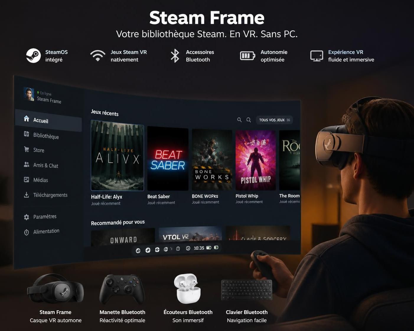 découvrez steam frame, la solution innovante pour utiliser la réalité virtuelle sans besoin de pc compatible ni ordinateur. profitez d'une expérience immersive simplifiée et accessible à tous.